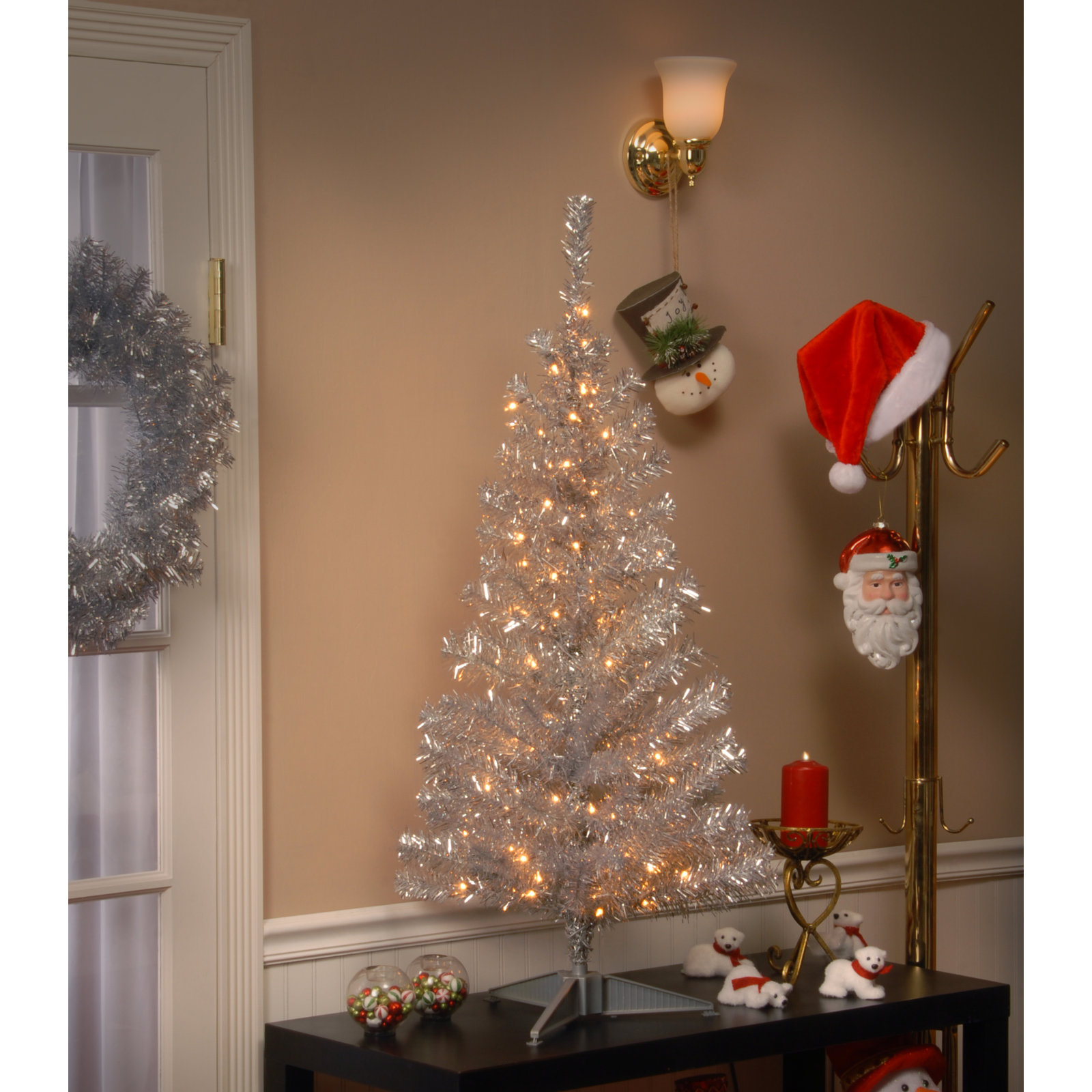 Silver Pre-Lit Pine Christmas Tree, 4'