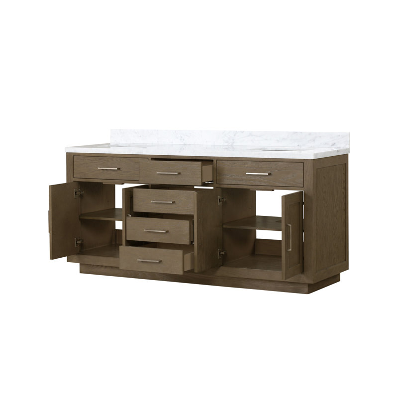 Meuble-lavabo double en chêne gris 72 po X P 22 po D, avec plateau en marbre de Carrare