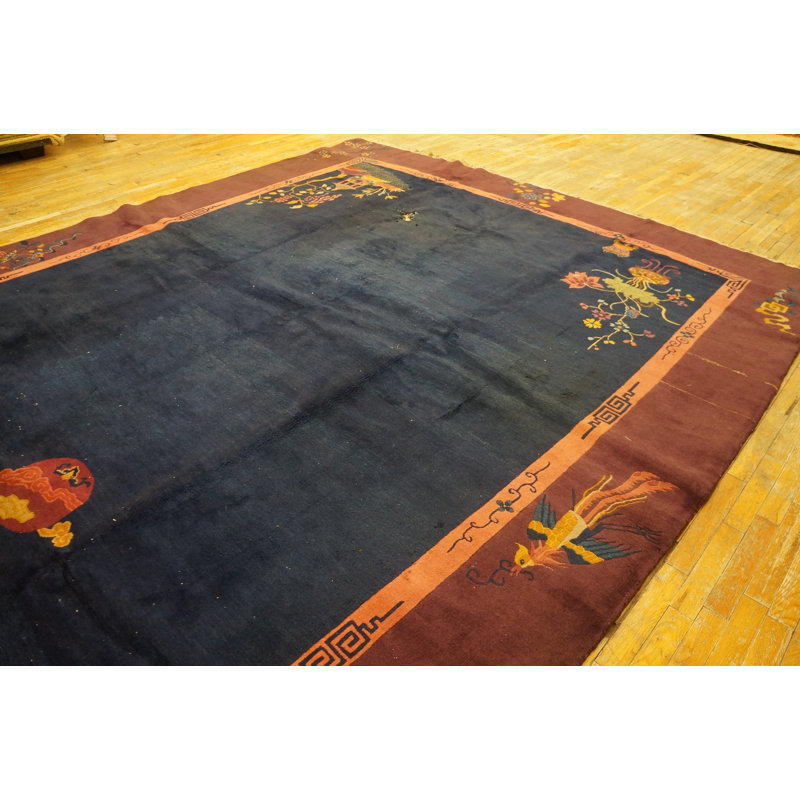 Tapis antique bleu marine en laine fuschia antique Art Deco
