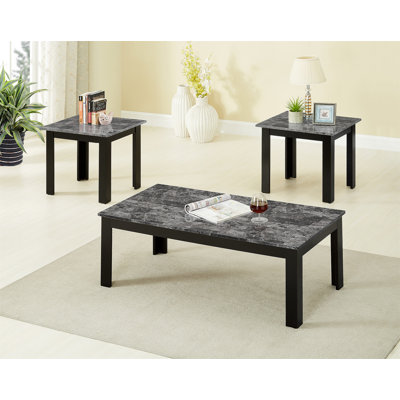 3Pc Set Traditional Style Rectangular Coffee Table Square Shape End Table Wooden Legs Black Finish Faux Marble Top Wooden Furniture 