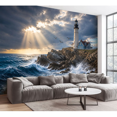 Wall Mural Peel and Stick Wallpaper Dramatic Lighthouse Rocky Coast Rough Ocean Waves Sun Self-Adhesive Removable Contact Paper Wall Decor for Living Room Bedroom 100"H x 144"W
