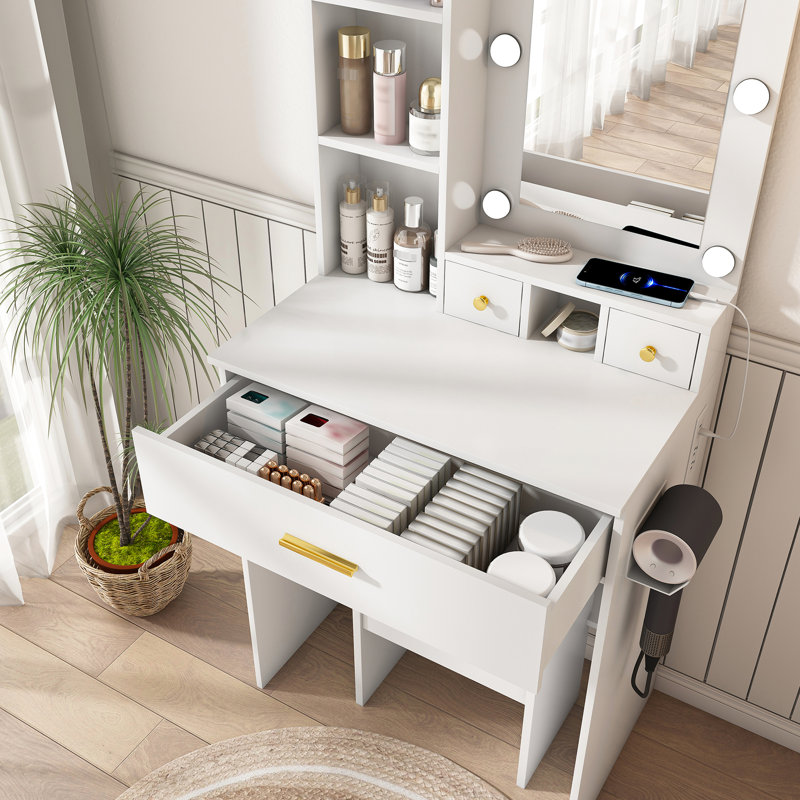 Coiffeuse avec éclairage DEL réglable, prise électrique et support pour sèche-cheveux - Style américain pour chambre à coucher - Gain de place - Montage facile - Miroir - Meuble blanc - Éclairage professionnel