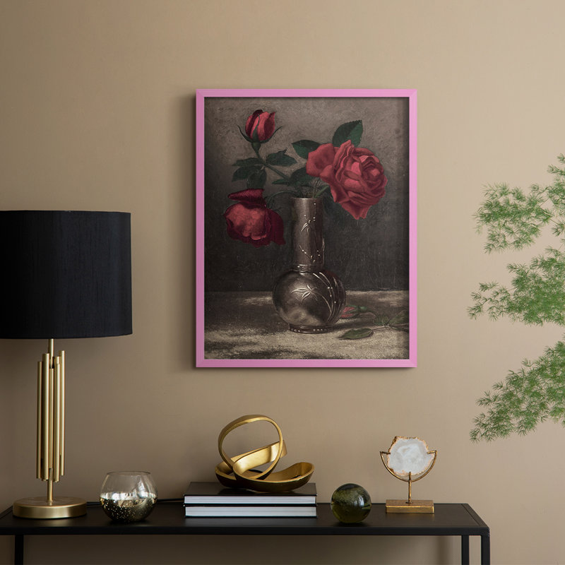 Reproduction florale vintage avec encadrement CCLXIV - bois massif, Rose, H 11 po x l 9 po