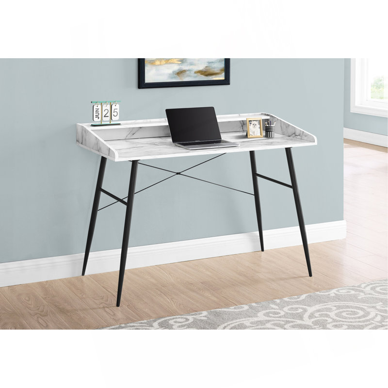 Computer Desk, Home Office, Laptop, Storage Shelves, 48"L, Work, White Marble Look Laminate, Black Metal, Contemporary, Modern