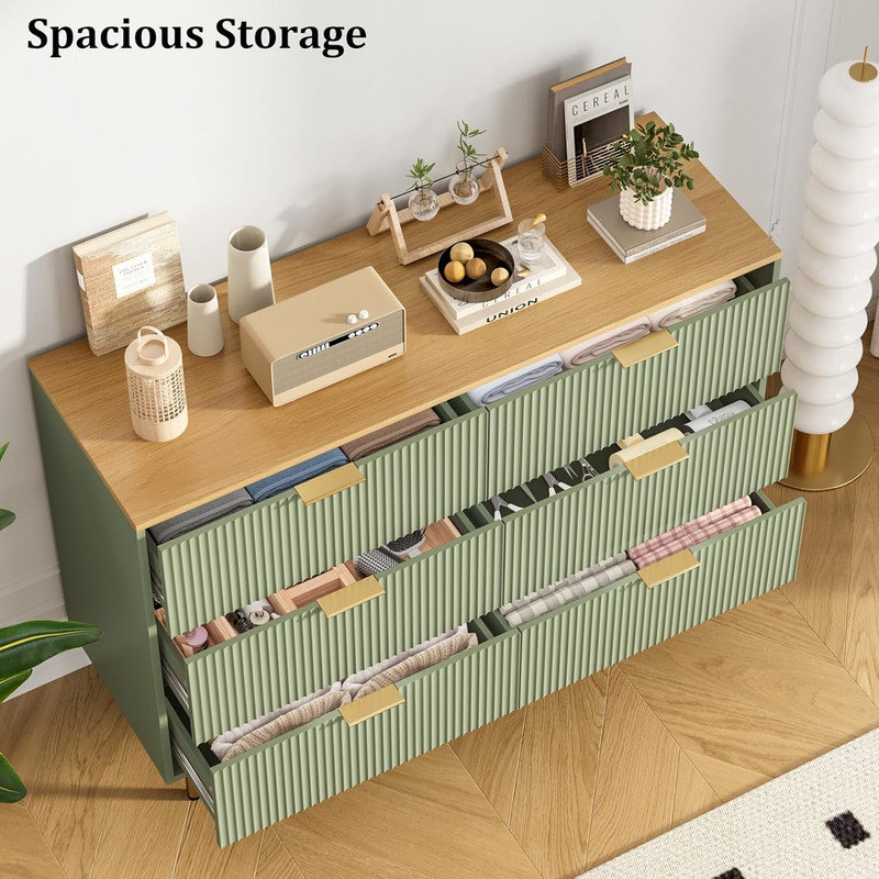 Commode moderne à 6 tiroirs avec panneau cannelé, large commode en bois pour le salon de la chambre à coucher, Vert