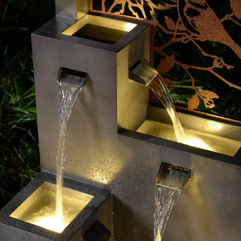 Metal Water Fountain with Bird Design and LED Lights - Outdoor