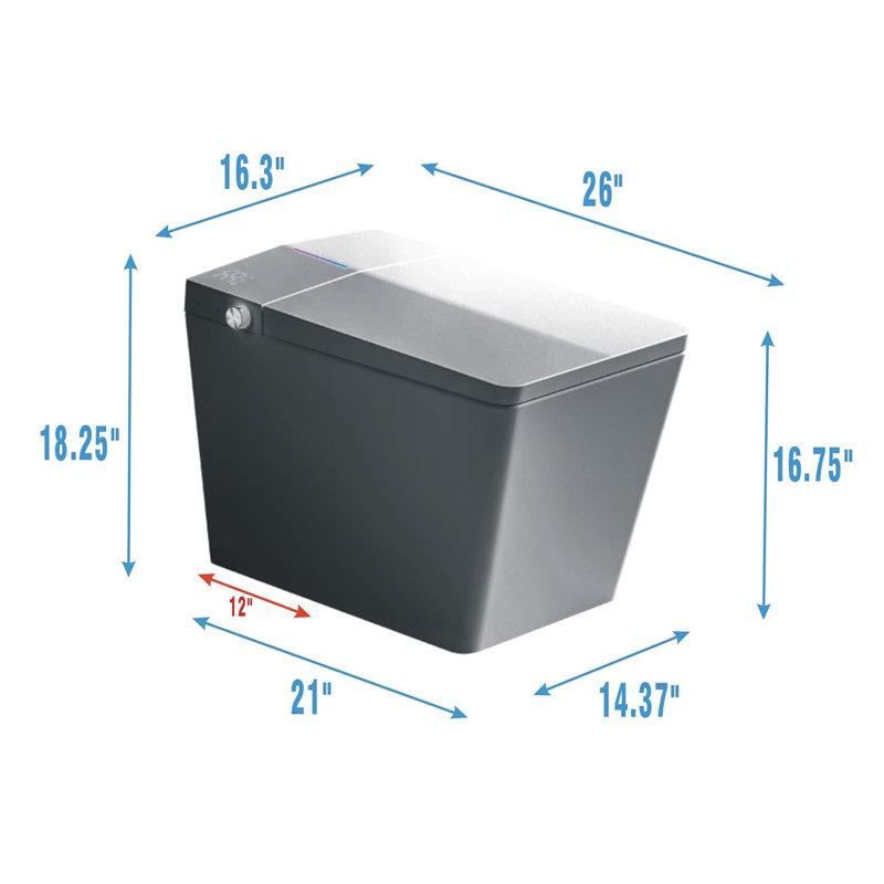 Yingze Square Smart Toilet with Built-In Tank & Power Pump, Auto Open/Close Lid, Auto Flush, Heated Bidet Seat, Warm Water & Dry, LED Night Light, Remote Control, 12" Rough-In, 17" Comfort Height, Matte Gray