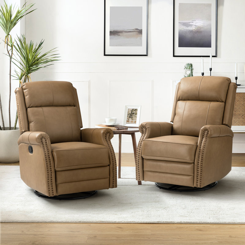 Anouschka 30.5" W Top Grain Leather Swivel Glider Recliner, Taupe Genuine Leather