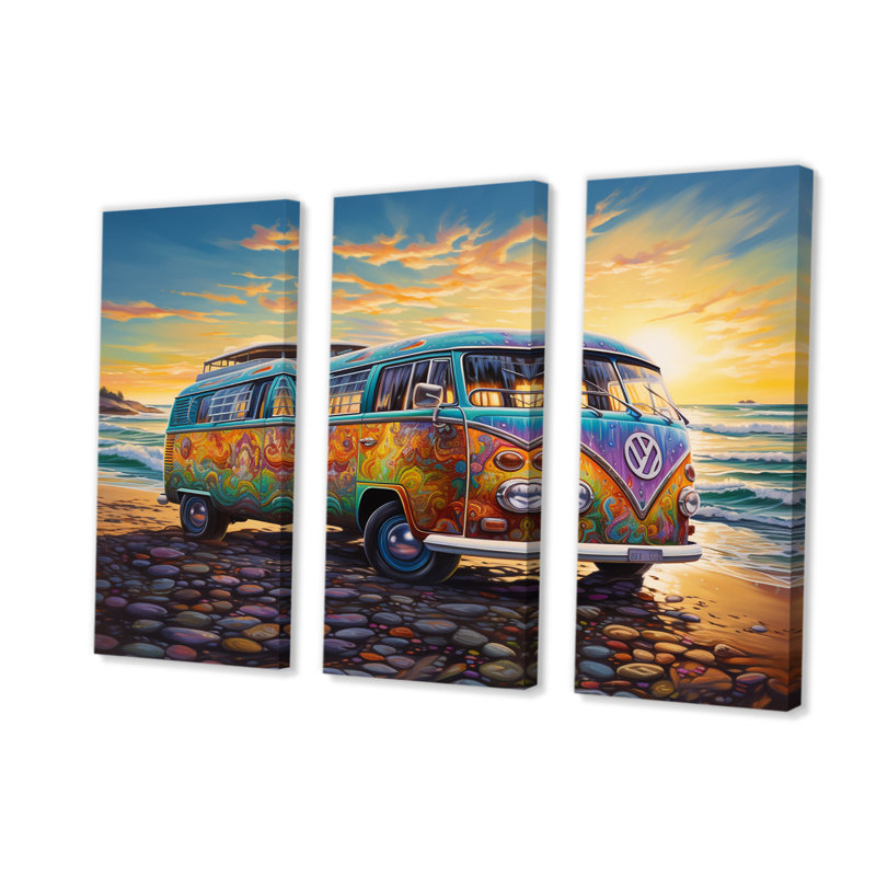 «Magic Hippie Bus On The Beach - Car Van», ensemble d'art sur toile, H 28 po x l 36 po x P 1 po