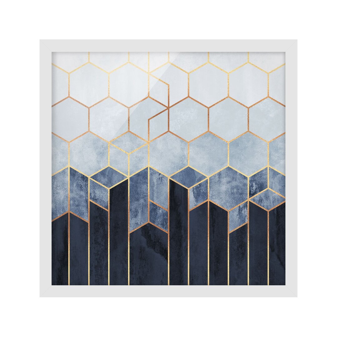 Gerahmtes Poster Golden Hexagons Blue White