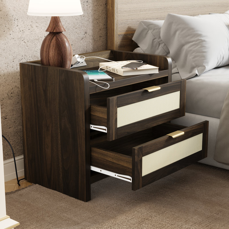 Ensemble de table de chevet moderne en bois à 2 tiroirs avec port de charge intégré, Brun