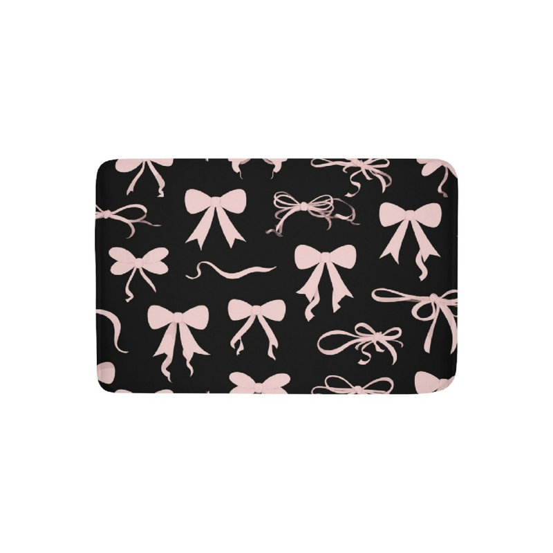 Black Background Pink Bowknot Bath Rug For Bathroom, 36 X 24