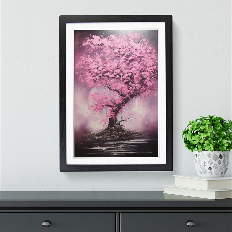 Cherry Blossom Tree Action No.4 - Single Picture Frame Print on Wood, 34cm H x 25cm W x 2cm D, Black Framed