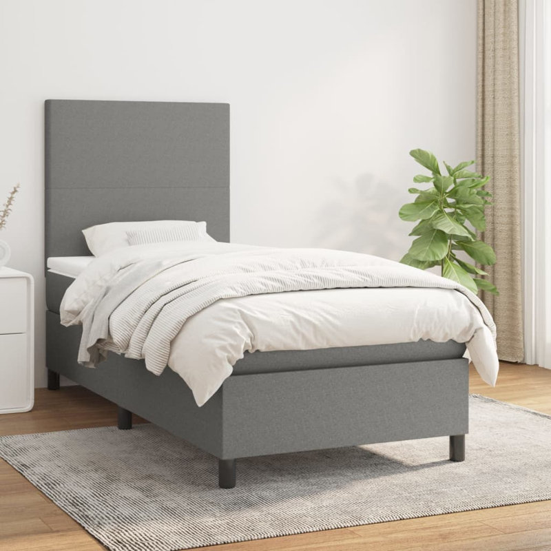 Lit à sommier tapissier avec matelas, Tissu, Gris foncé / Noir, Simple TG
