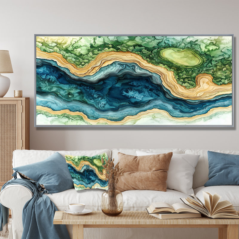 Abstrait parcours de golf «Horizon II», art mural encadré, Argent argent, H 28 po x l 60 po, Cadre flottant