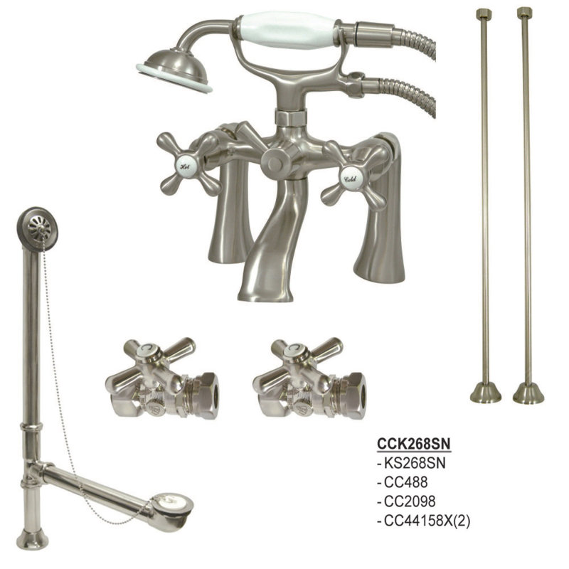 Kingston Brass Vintage Two-Handle 2-Hole Deck Mount Clawfoot Tub Faucet Package with Supply Line, Hand Shower and Tub Drain
