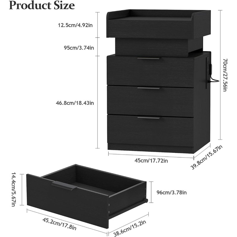 45 cm W Bedside Table, Black Left