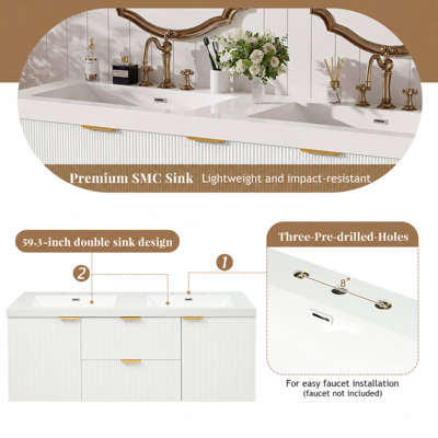 Meuble-lavabo mural double vasque de 150,6 cm (59,3 pouces) avec comptoir en SMC, 2 portes à fermeture amortie, 2 tiroirs à fermeture amortie et façades blanches cannelées