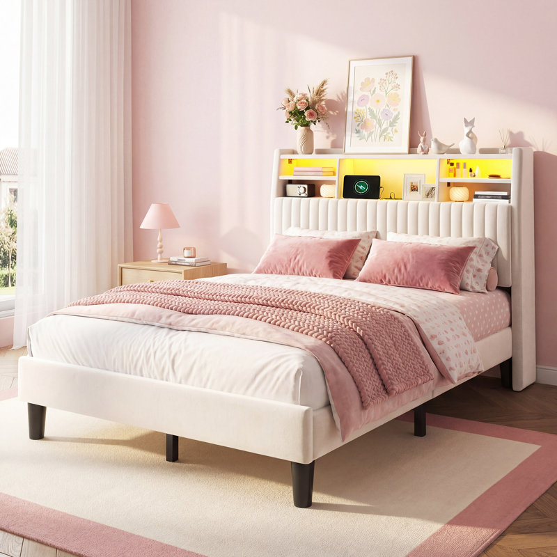 Upholstered Platform Bed With Storage Headboard, Led Lights & Charging Station, Full, Beige