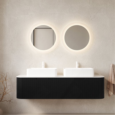 Meuble-lavabo de 60 po avec lavabo et lavabos 60 po, armoire de rangement en contreplaqué à bords arrondis avec 2 tiroirs, 2 lavabos rectangulaires blancs en céramique et plateau en pierre frittée blanche, pré-assemblé noir