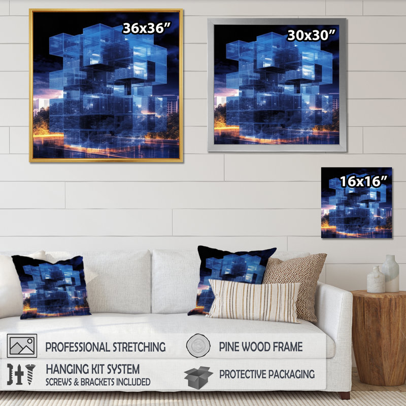 3D Cityscape Futur Architecture Nova Blue I - reproduction sur toile, H 24 po x l 24 po x P 1 po, Cadre simple noir