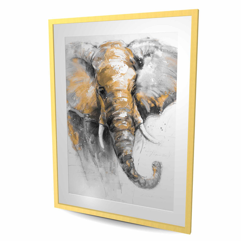 Magnifique éléphant doré - décor de bureau encadré doré, H 48 po x l 36 po