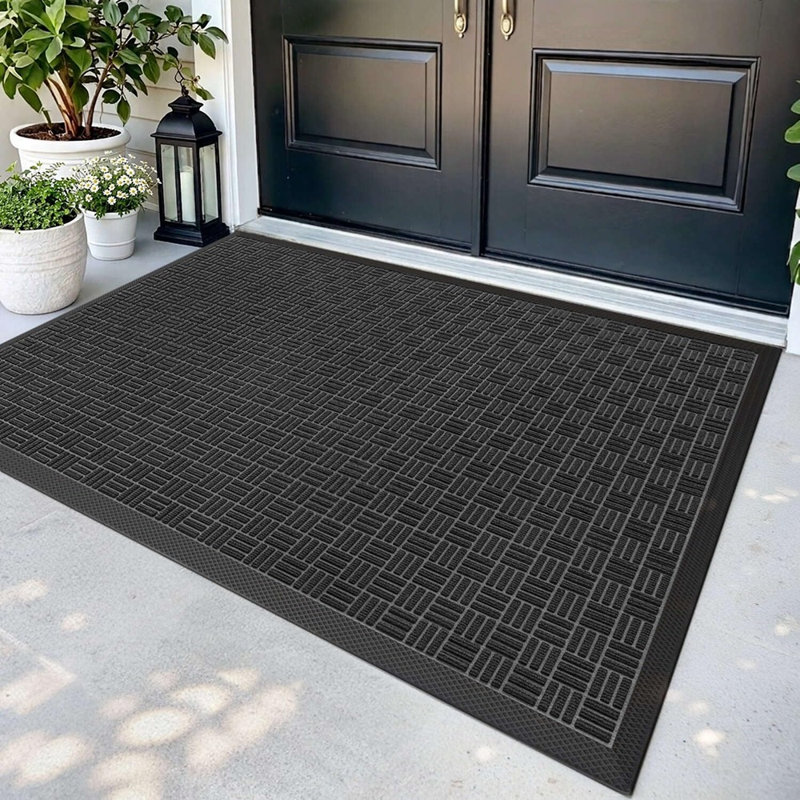 Paillasson d'entrée en caoutchouc noir robuste, tapis de bienvenue antidérapant avec texture à rainures profondes pour une utilisation intérieure et extérieure