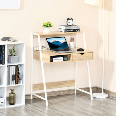 Bureau d'ordinateur pour petit espace, bois naturel, tiroir et tablettes de rangement, tablette, structure à finition bois, tiroir, - économie, structure en métal