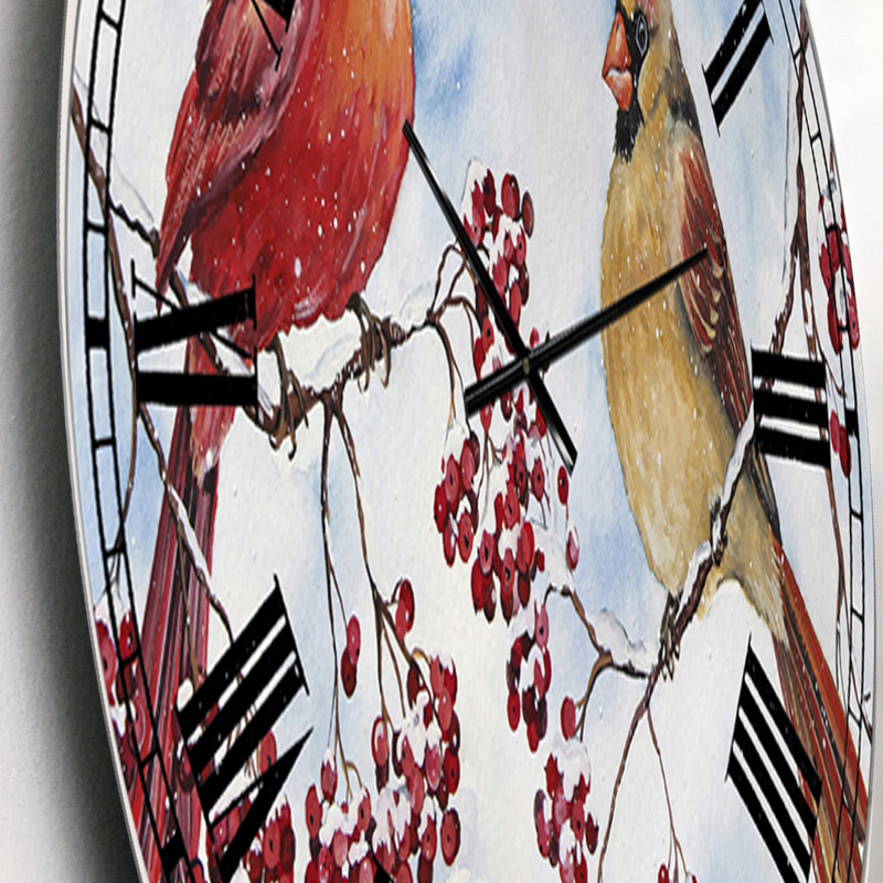 Deux cardinaux et des baies d'hiver enneigées - Horloge murale surdimensionnée, Petit