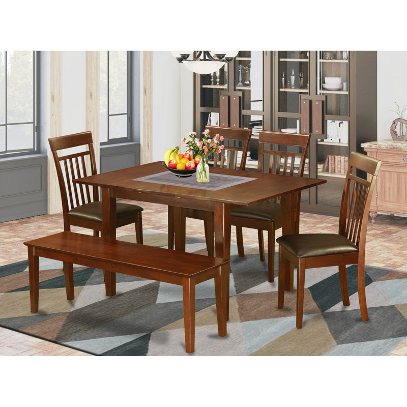 6 Piece Modern Dining Table Set Contains a Rectangle Wooden Table with Butterfly Leaf and 4 Faux Leather Dining Chairs with a Bench, Mahogany