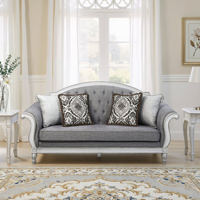 Crestor Traditional Arched Back Sofa With 4 Pillows, Gray & Antique White