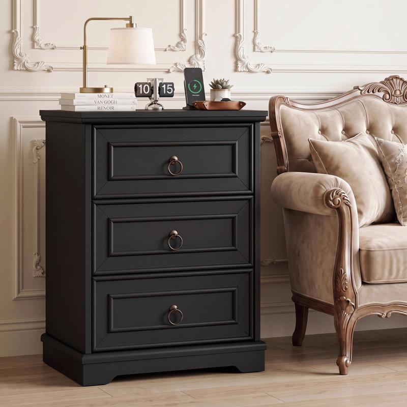 3 - Drawer Nightstand with Charging Station, Black