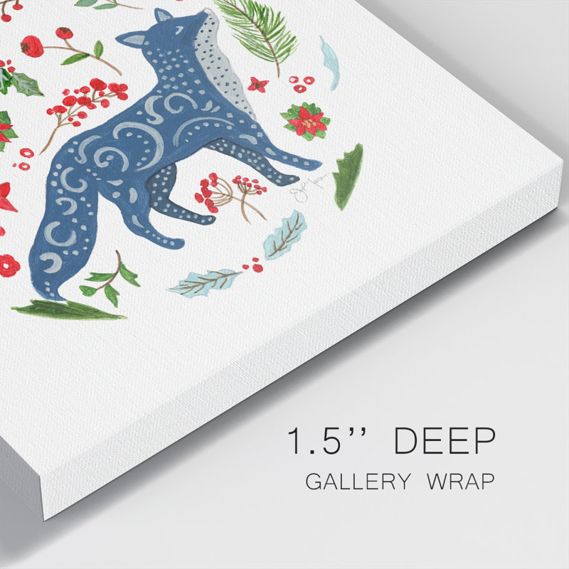 Christmas Folk Fox - Toile tendue avec châssis de qualité supérieure - prête à être accrochée