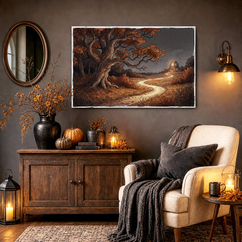 Arbre d'automne et chemin sinueux vers l'observatoire, art mural d'Halloween, H 36 po x l 48 po