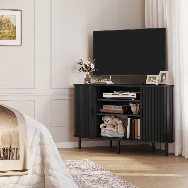 Corner Tv Stand With Power Outlet And Media Storage For Tvs Up To 55" For Living Room, Black