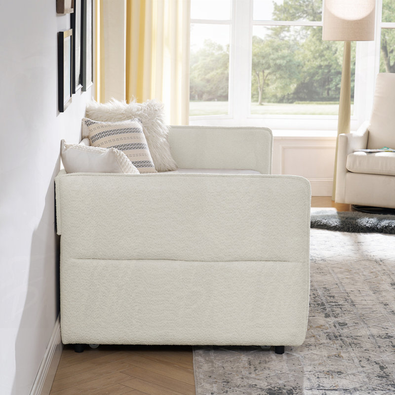 Canapé-lit capitonné en tissu Boucle, Beige, Lit simple