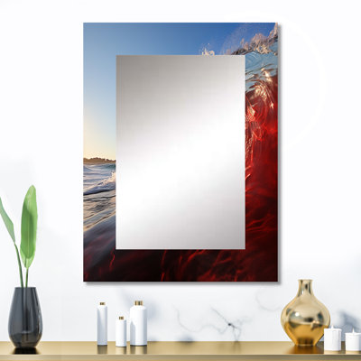 Vague verte rouge colorée Wonder I - miroir unique côtier, grand miroir mural vert, impression d'art en métal