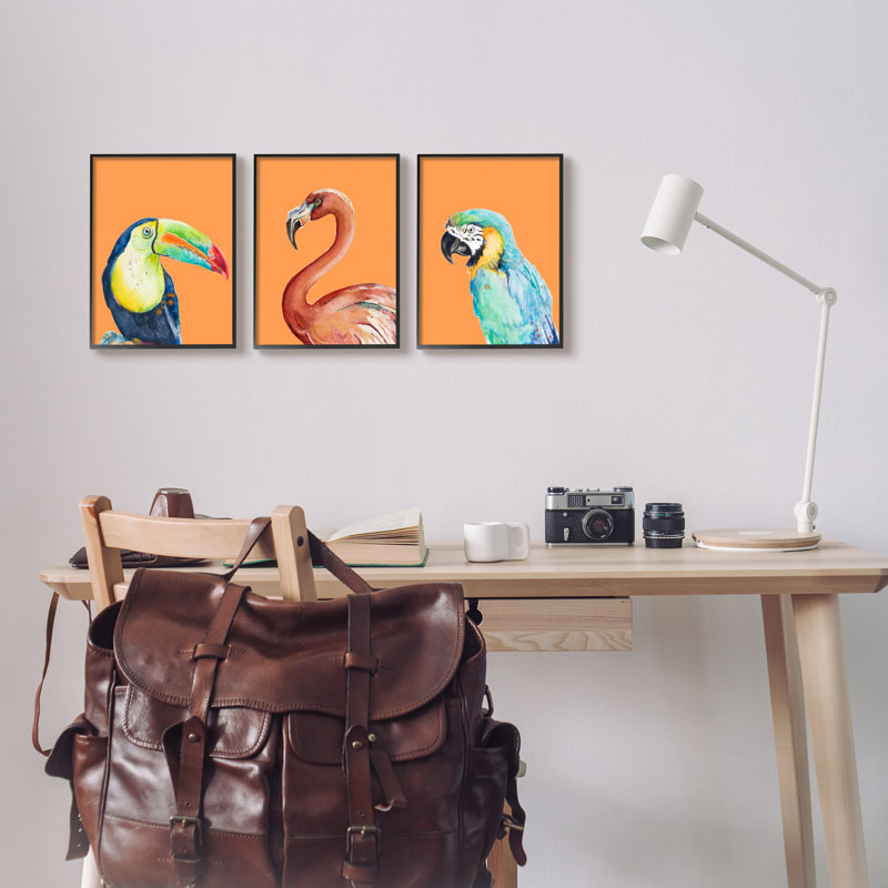 Oiseaux tropicaux audacieux, animaux de la forêt tropicale, ensemble de 3 perroquets toucans, estampe numérique encadrée de Patricia Pinto