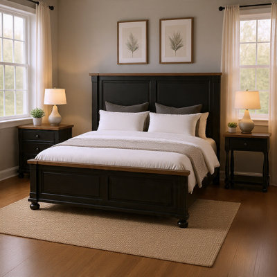 Ensemble de chambre à coucher grand lit, noir, brun chêne, bois d'étain, ensemble de 3 pièces avec 2 tables de chevet
