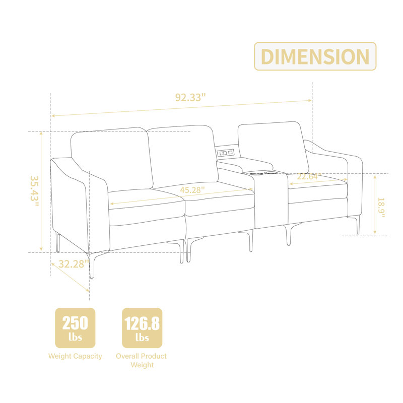 Canapé modulaire convertible beige en velours côtelé à trois places avec porte-gobelets pour le petit-déjeuner beige