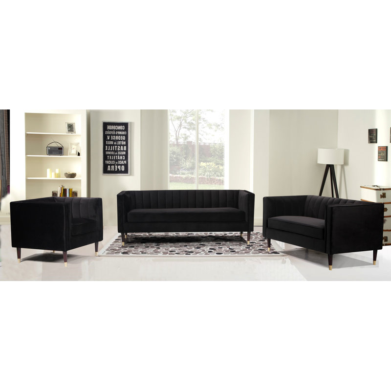 Ensemble de salon en velours Louis, 3 pièces 1 canapé 1 causeuse 1 fauteuil, Noir