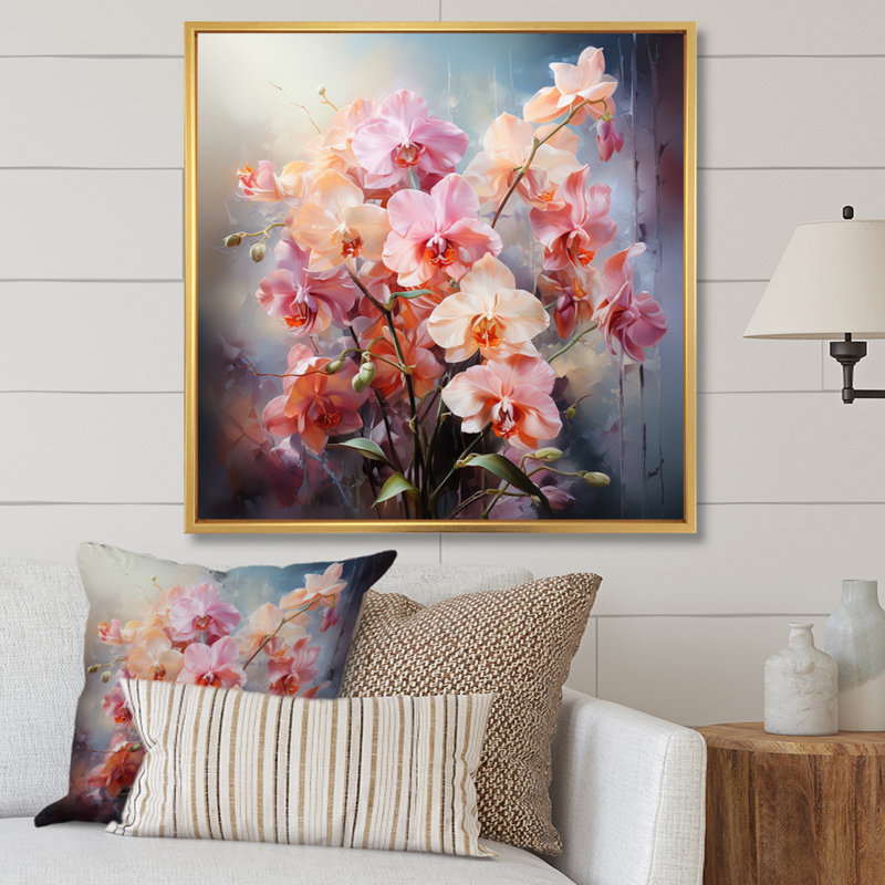 Impression romantique d'orchidées pêche II - impression, H 24 po x l 24 po x P 1 po, Cadre flottant doré