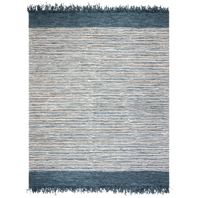 Exley Vintage Leather Hand Woven Leather Cotton/Jute Striped Rug in Dark Gray, Rectangle 5' x 8'