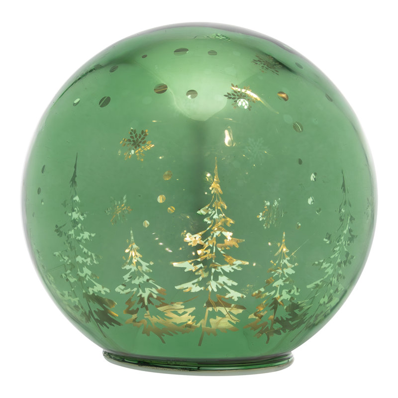 LED Lighted Pine Trees And Snowflakes Glass Globe Christmas Decoration - 6"