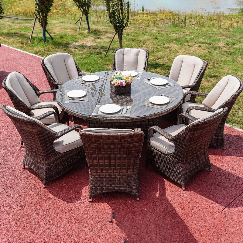 8-Person Outdoor Brown Dining Table Set, Brown