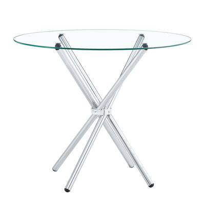Table de salle à manger ronde en verre transparent avec une forme unique pour 4 à 6 personnes, avec des pieds en métal froncés en forme d'anneau, convenant aux bureaux, aux cuisines, aux terrasses et aux salles à manger