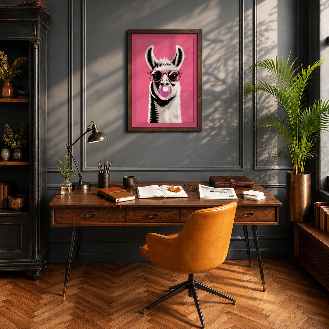 Llama Bubble Gum Modern - Framed Print