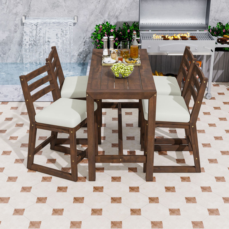 5-Piece Rustic Acacia Wood Patio Bar Set with Slatted High Table and 4 Ergonomic Cushioned Chairs, Mocha