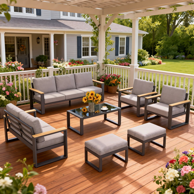 Brandtley Aluminum 9-Person Outdoor Sofa Seating Group With Cushions, Gray
