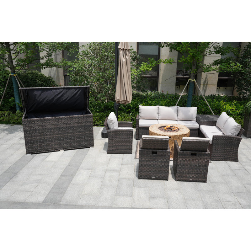 Ensemble de conversation en osier / rotin pour 8 personnes avec coussins Balfour, Brun